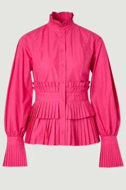Blouse Tissée à Manches Longues en Popeline de Coton avec Détails de Volants Étagés