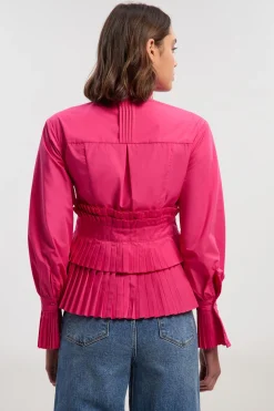 Blouse Tissée à Manches Longues en Popeline de Coton avec Détails de Volants Étagés