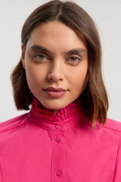 Blouse Tissée à Manches Longues en Popeline de Coton avec Détails de Volants Étagés