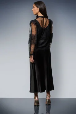 Blouse Transparente Col Montant avec Détails de Volants en Dentelle