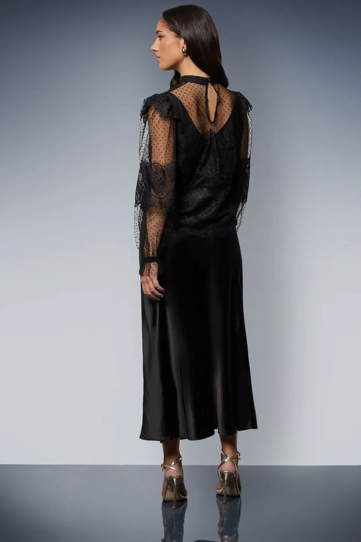 Blouse Transparente Col Montant avec Détails de Volants en Dentelle
