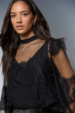 Blouse Transparente Col Montant avec Détails de Volants en Dentelle