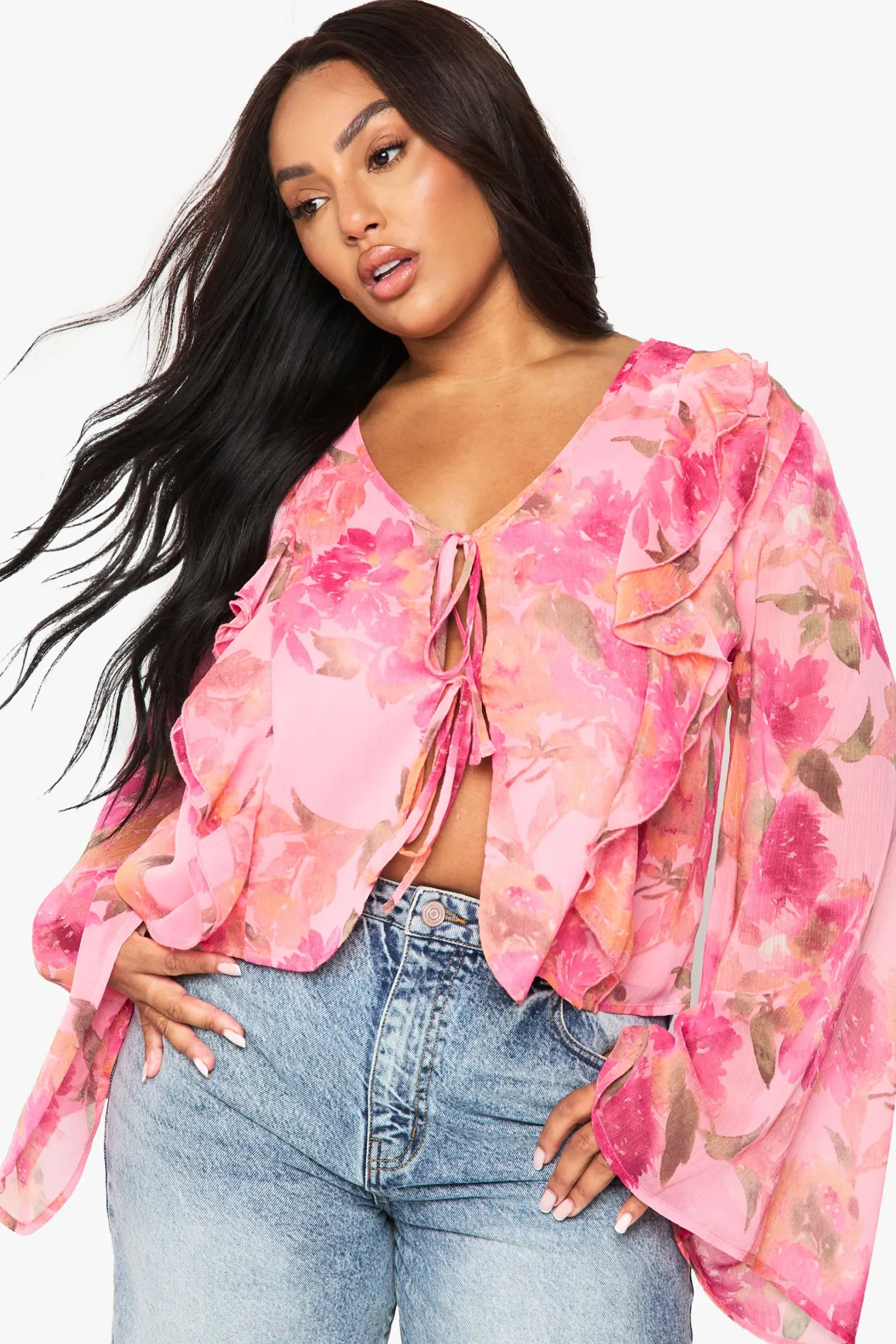 BLOUSE À VOLANTS ET LAÇAGE FRONTAL