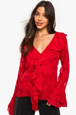 Blouse à volants à texture florale