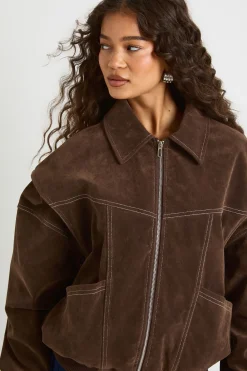 Blouson bomber en faux suède à piqûres contrastées