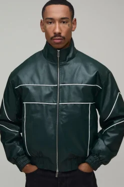 Blouson Bomber En Synthétiquecuir Col Montant Avec Passepoil Contrasté