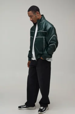 Blouson Bomber En Synthétiquecuir Col Montant Avec Passepoil Contrasté