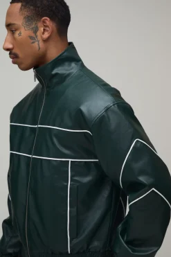 Blouson Bomber En Synthétiquecuir Col Montant Avec Passepoil Contrasté