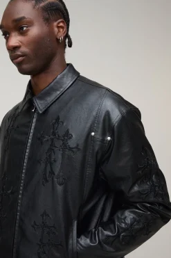 Blouson Bomber En Synthétiquecuir Avec Appliqué Croix Pour Homme Grand