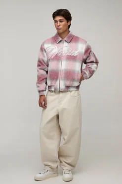 Blouson Bomber Homme Coupe Ample À Carreaux Mixtes Brossés