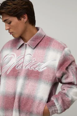 Blouson Bomber Homme Coupe Ample À Carreaux Mixtes Brossés