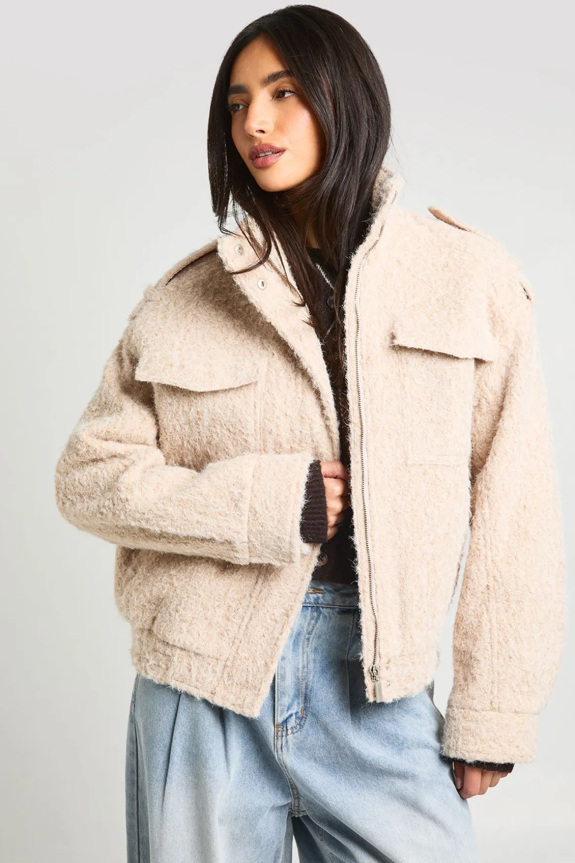 Blouson Bomber Oversize Texturé Aspect Laine