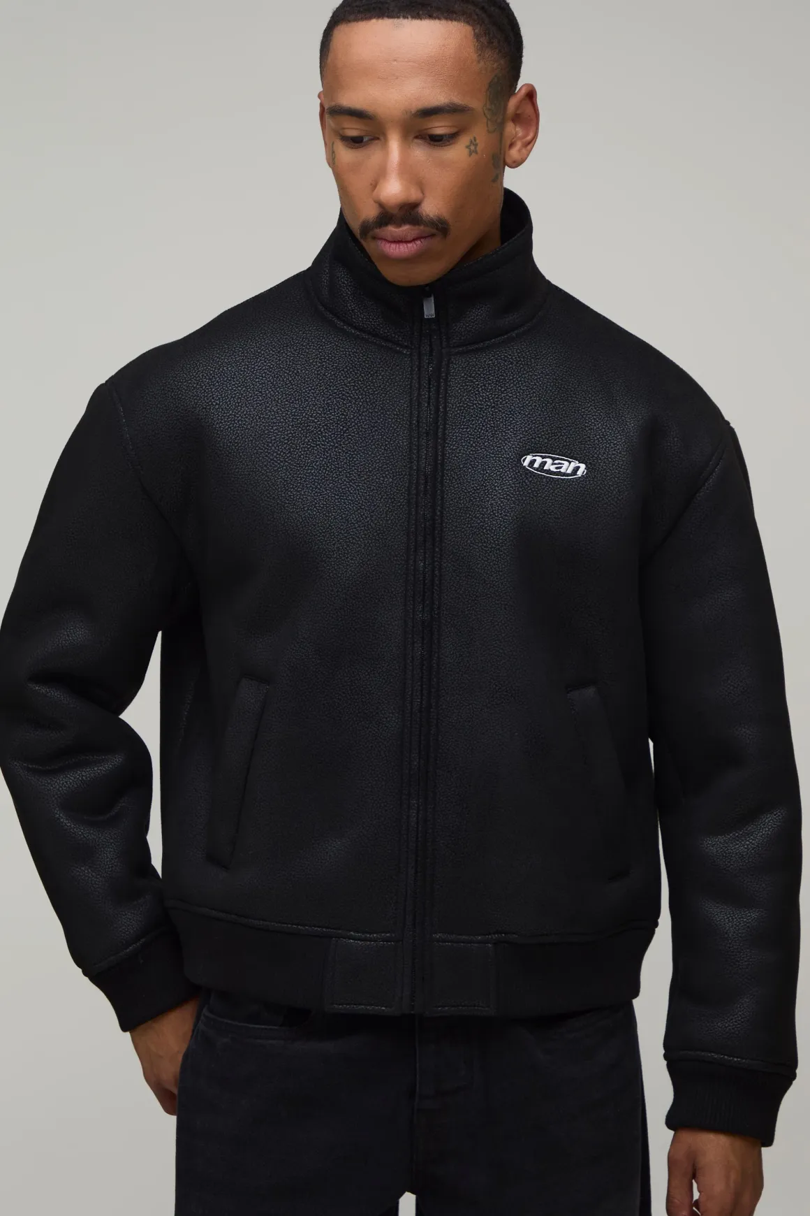 Blouson Harrington Borg À Col Contrastant Et Col Montant Coupe Regular