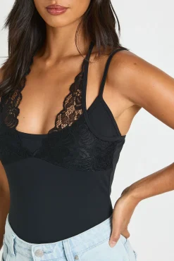 Body Dos Nu À Col Licou Avec Bordure En Dentelle En Tissu Slinky Mat Petite