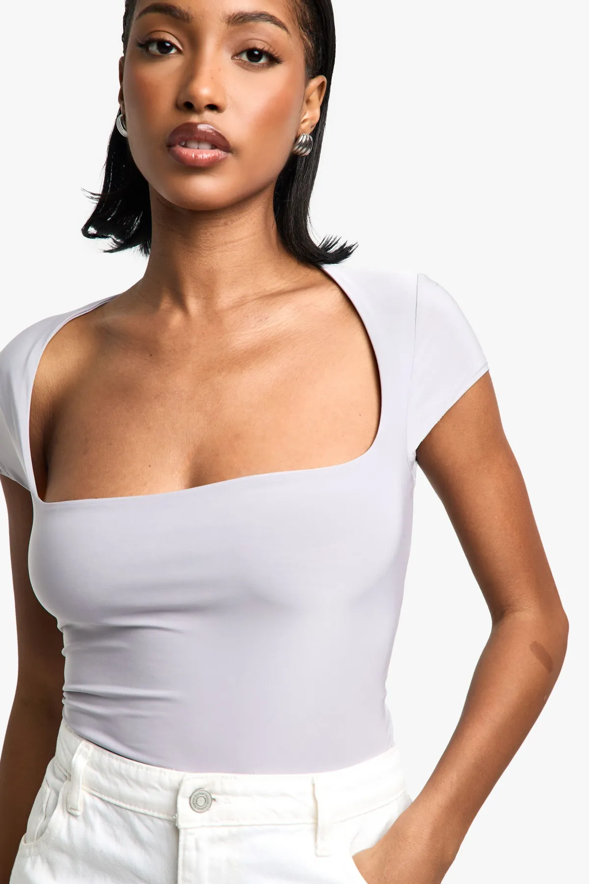 boohoo Body double couche Slinky à encolure carrée et manches courtes<Femme Tops