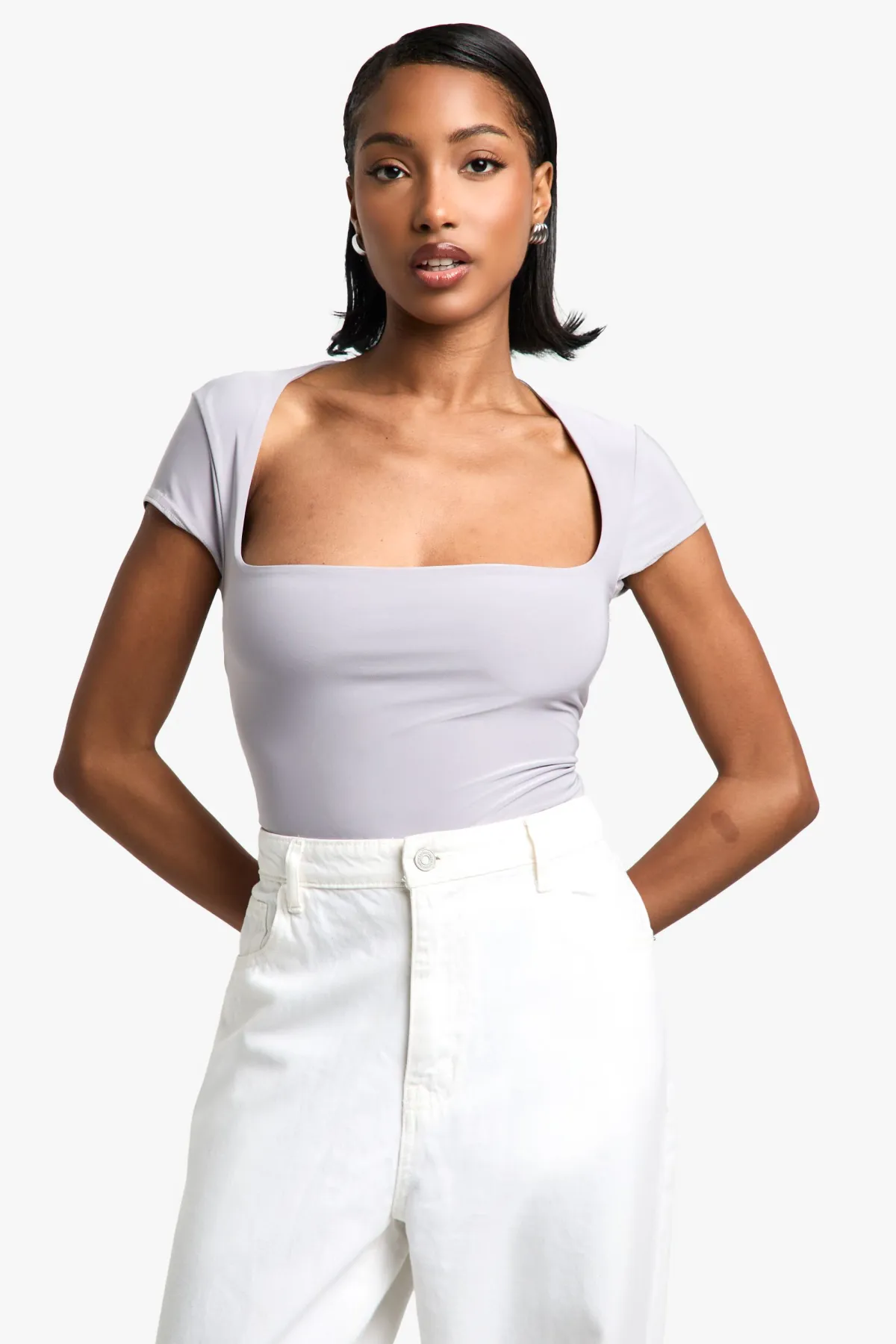 boohoo Body double couche Slinky à encolure carrée et manches courtes<Femme Tops