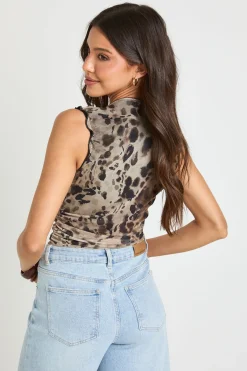 boohoo Body À Encolure Froncée En Mesh Imprimé Animal<Femme Imprimé Léopard|Tops