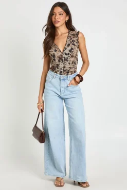 boohoo Body À Encolure Froncée En Mesh Imprimé Animal<Femme Imprimé Léopard|Tops