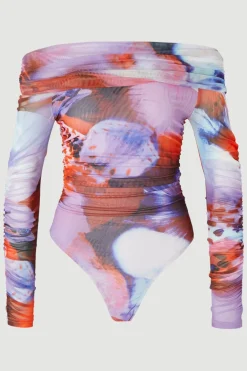 Body en Maille Imprimé Floral à Épaules Dénudées