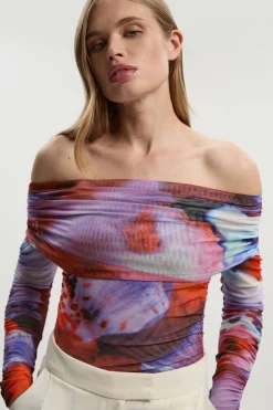 Body en Maille Imprimé Floral à Épaules Dénudées