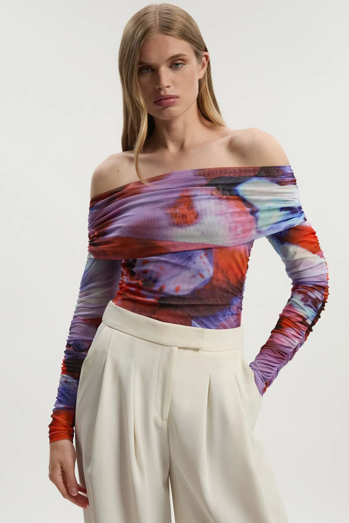 Body en Maille Imprimé Floral à Épaules Dénudées