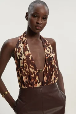 KarenMillen Body en Maille à Imprimé Léopard avec Col Halter Plongeant et Détails de Finition<Femme Imprimé Léopard|Tops D’Automne