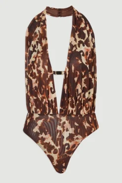 KarenMillen Body en Maille à Imprimé Léopard avec Col Halter Plongeant et Détails de Finition<Femme Imprimé Léopard|Tops D’Automne