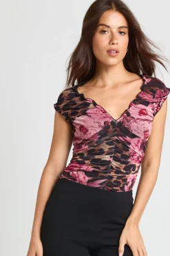 Body En Mesh À Imprimé Animalier Et Floral Avec Encolure Froncée