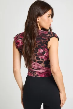 Body En Mesh À Imprimé Animalier Et Floral Avec Encolure Froncée