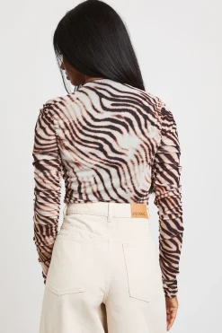 Body En Mesh Imprimé Zébré Tonal Avec Encolure Froncée Et Manches Longues