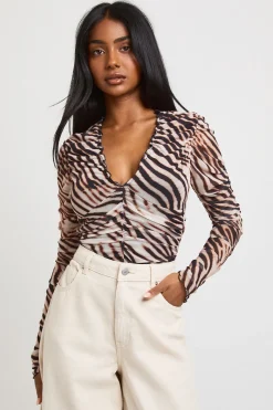 Body En Mesh Imprimé Zébré Tonal Avec Encolure Froncée Et Manches Longues