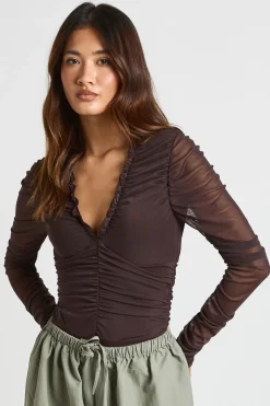 Body En Mesh À Manches Longues Avec Encolure Froncée