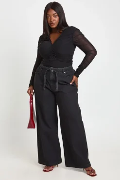 Body Grande Taille En Mesh À Col Froncé Et Manches Longues