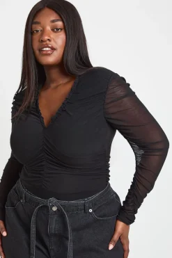 Body Grande Taille En Mesh À Col Froncé Et Manches Longues