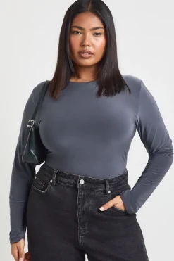 Body Grande Taille à Manches Longues en Tissu Slinky Double Épaisseur