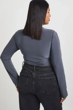 Body Grande Taille à Manches Longues en Tissu Slinky Double Épaisseur