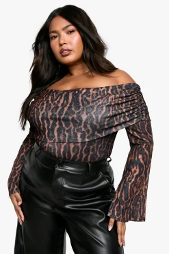 boohoo Body Léopard Bardot Froncé Plus<Femme Imprimé Léopard|Tops