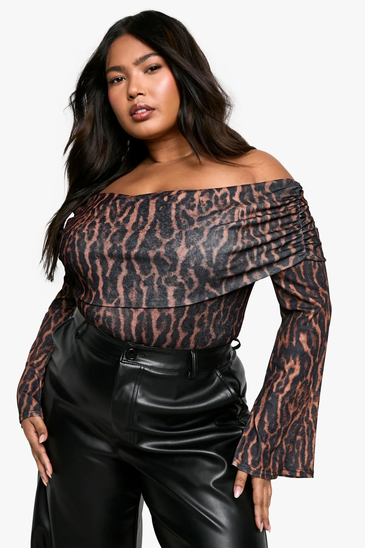 boohoo Body Léopard Bardot Froncé Plus<Femme Imprimé Léopard|Tops