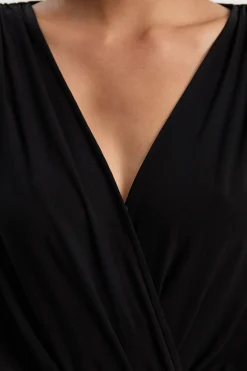 Body à Manches Chauve-Souris, Décolleté Plongeant et Fronces en Crêpe Drapé Extensible
