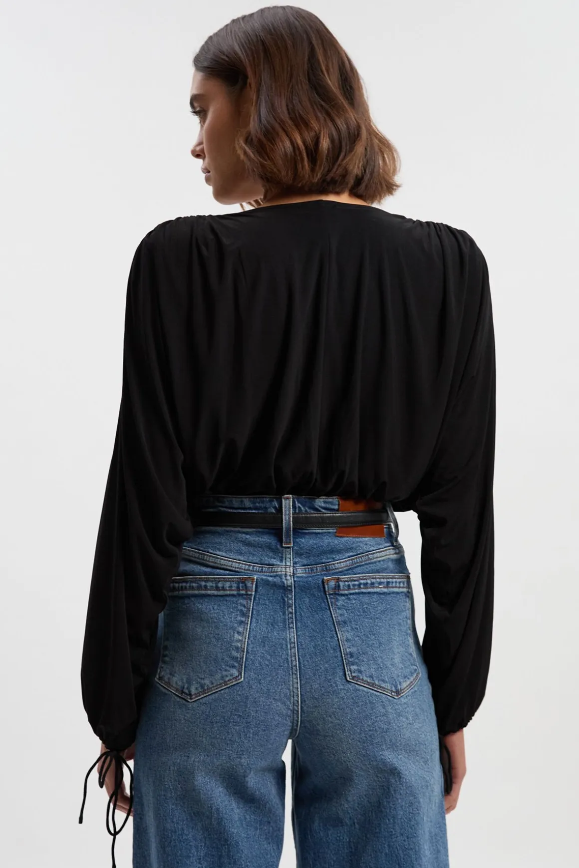 Body à Manches Chauve-Souris, Décolleté Plongeant et Fronces en Crêpe Drapé Extensible