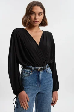 Body à Manches Chauve-Souris, Décolleté Plongeant et Fronces en Crêpe Drapé Extensible