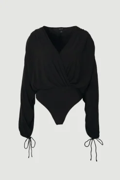 Body à Manches Chauve-Souris, Décolleté Plongeant et Fronces en Crêpe Drapé Extensible