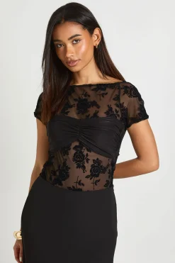 Body À Manches Courtes En Mesh Floqué Floral Avec Détail Torsadé Devant