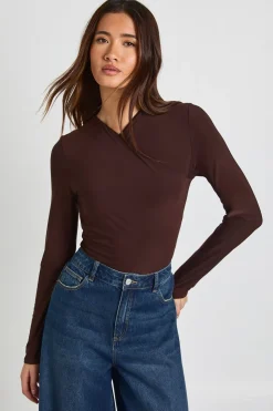 Body à Manches Longues Croisé Devant en Tissu Slinky Mat