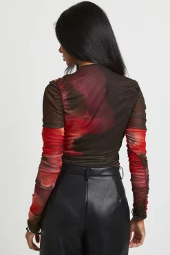 Body À Manches Longues En Mesh Imprimé Floral Avec Encolure Froncée