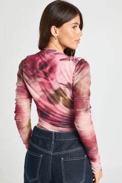 Body À Manches Longues En Mesh À Imprimé Floral Flou Avec Encolure Froncée