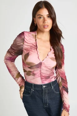 Body À Manches Longues En Mesh À Imprimé Floral Flou Avec Encolure Froncée