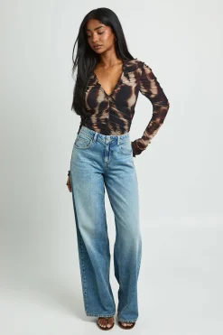 boohoo Body À Manches Longues En Mesh Imprimé Avec Encolure Froncée<Femme Tops