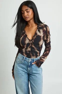 boohoo Body À Manches Longues En Mesh Imprimé Avec Encolure Froncée<Femme Tops