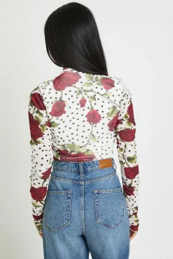 boohoo Body À Manches Longues En Mesh À Pois Et Roses Avec Encolure Froncée<Femme Pois|Tops
